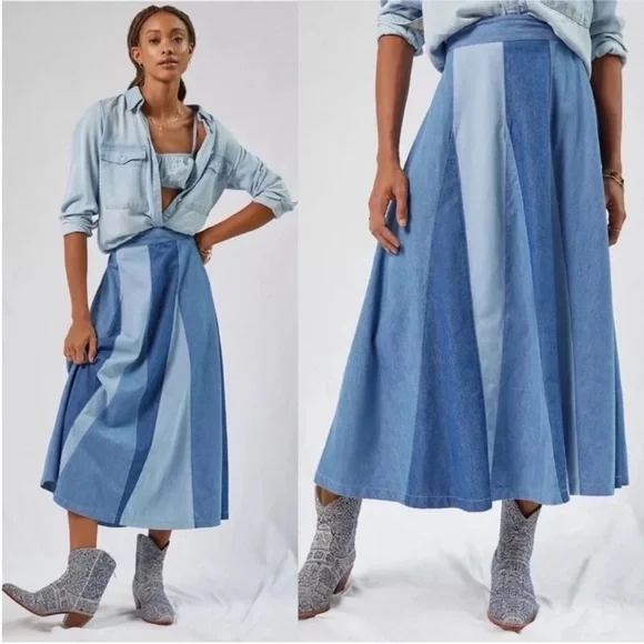 ANTHRO ✨ LOVE THE LABEL Denim Color block Patchwork Stripe Midi Maxi Skirt | XS - Picture 1 of 4